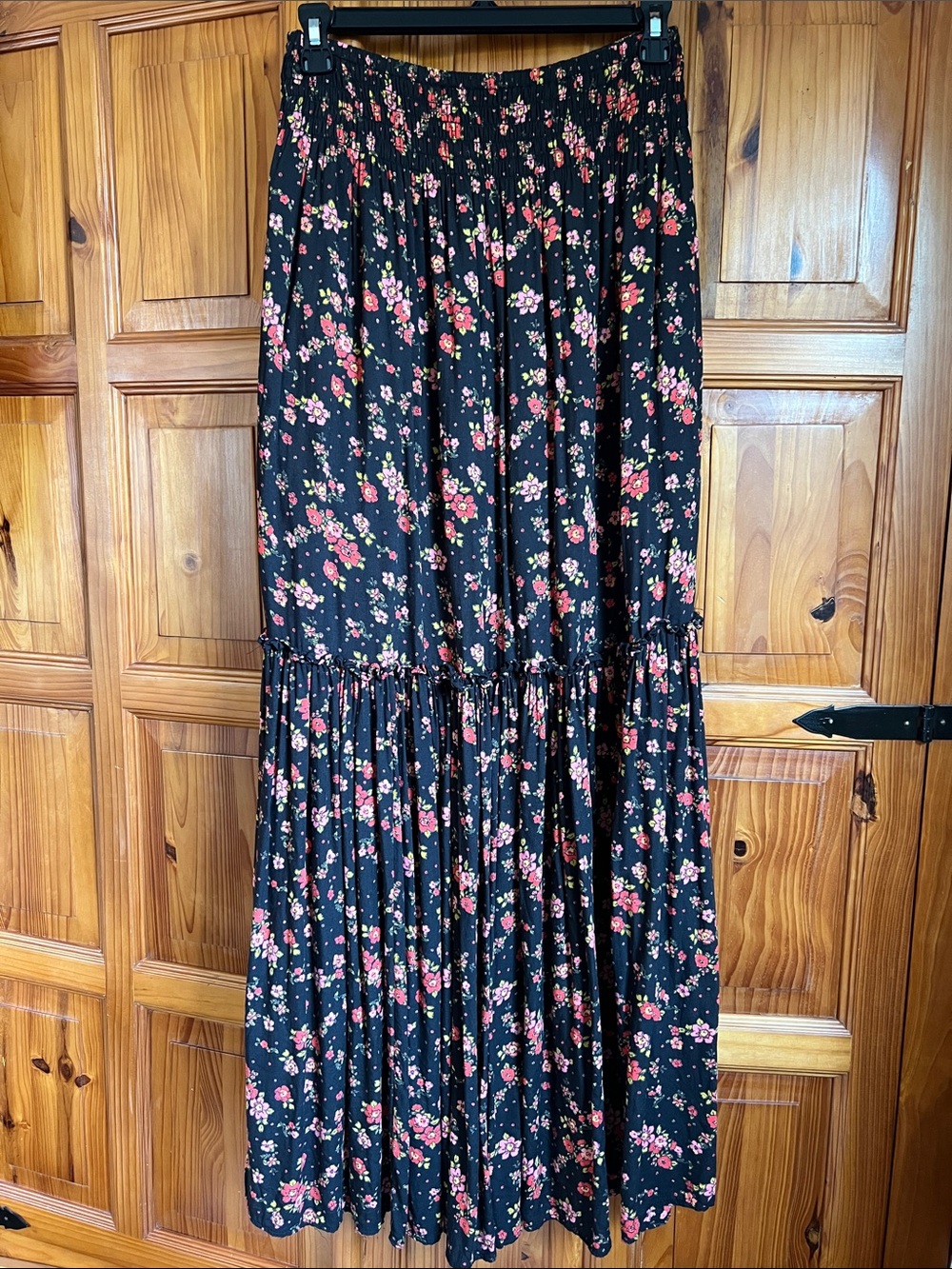 Free People Black Maxi Skirt with Pink Floral Print
